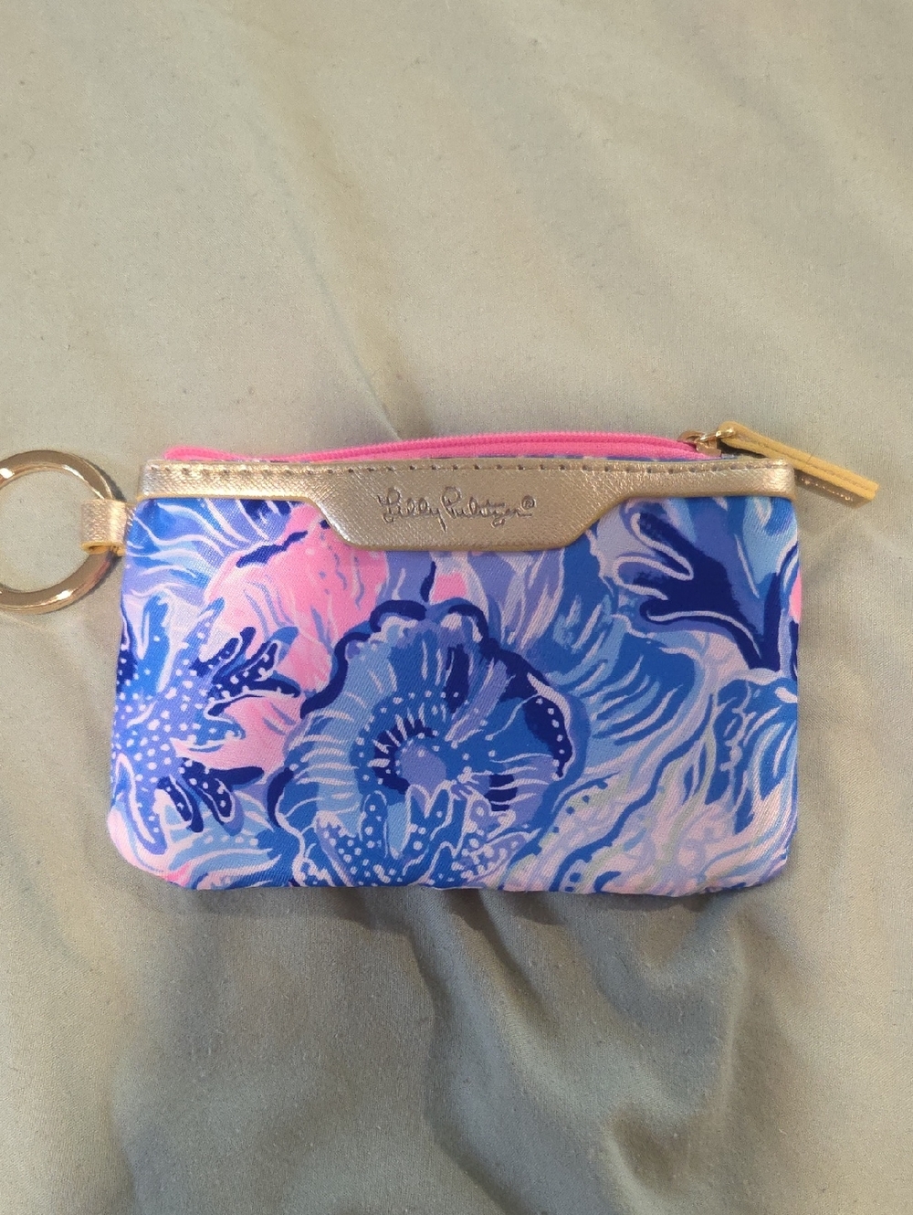 Lilly Pulitzer Blue & Pink Floral Keyring Pouch with Gold Trim